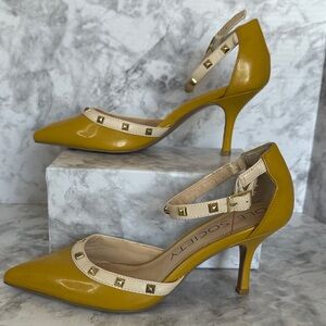 Sole Society yellow and beige pointed-toe heels studded ankle strap Women’s 7B